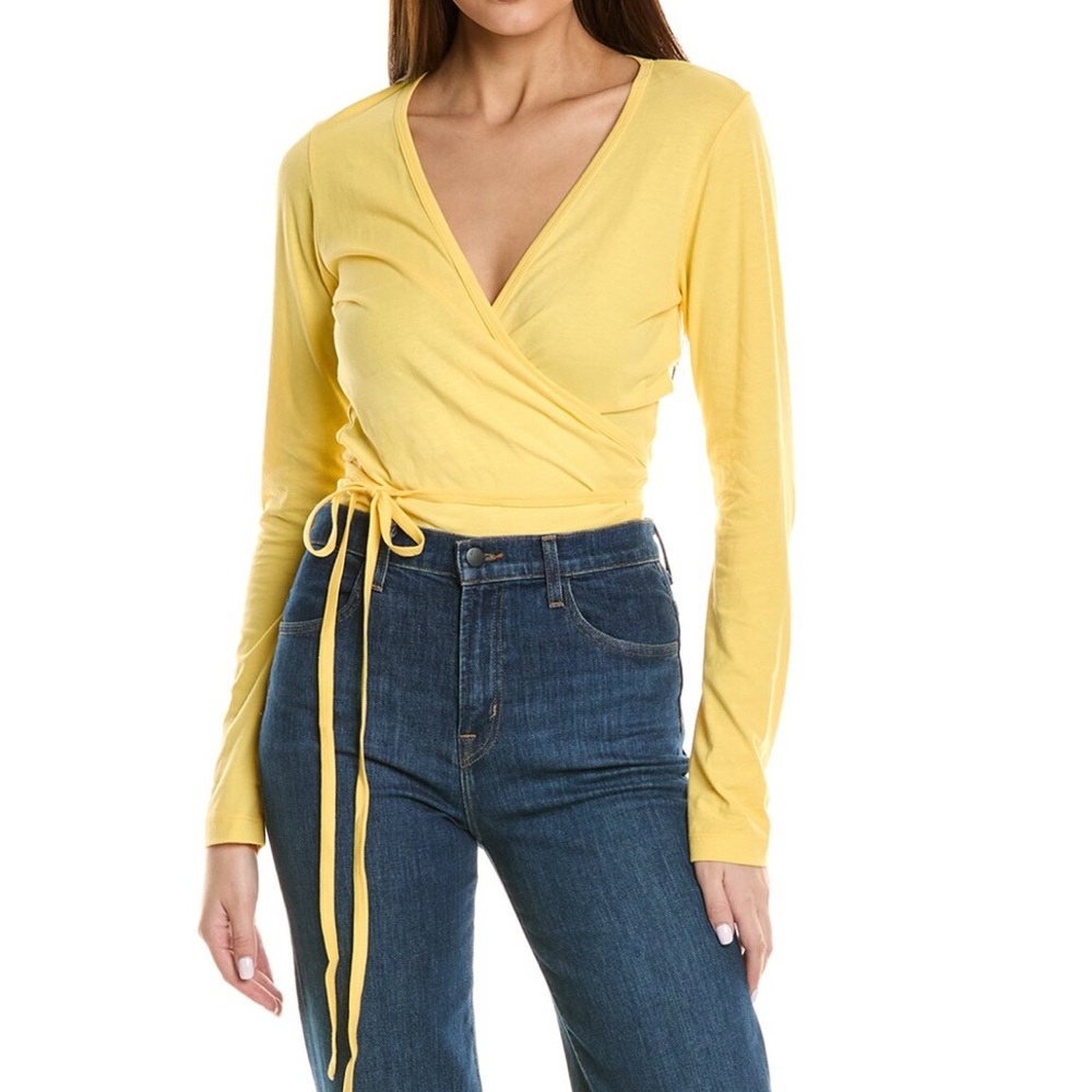 Donni Yellow Wrap V-Neck Long Sleeve Top